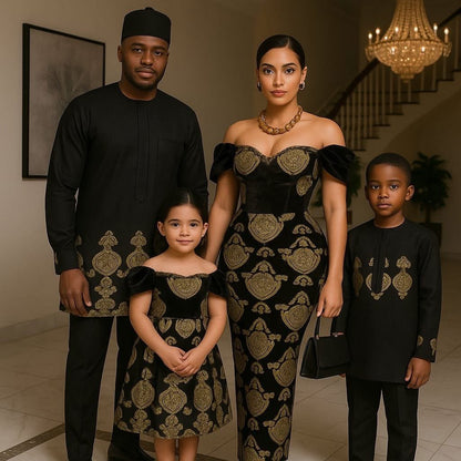 Royal Emblem | Black & Gold Family Matching Set | Igbo Traditional Attire | Made - to - Order | Tessy Modest Home - Tessy Modest Home