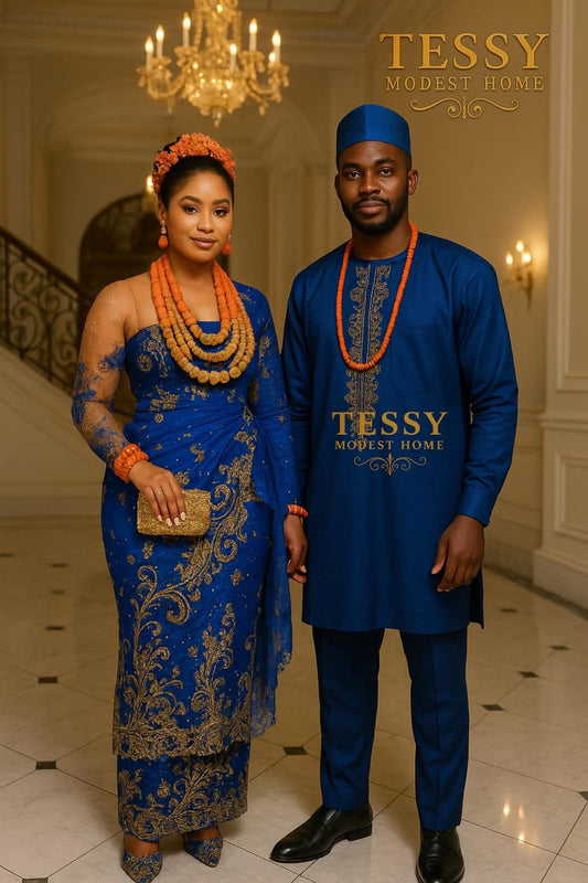 Royal Heritage | Royal Blue and Gold Traditional Wedding Attire | Couple Set | Tessy Modest Home - Tessy Modest Home