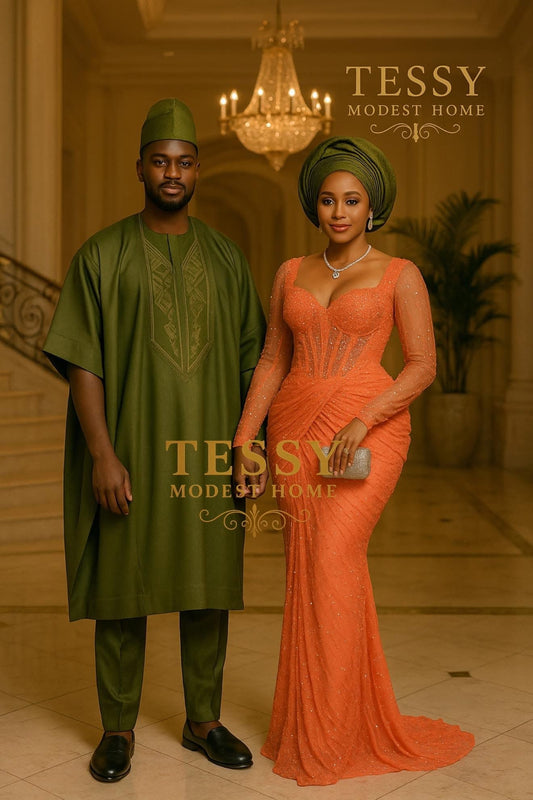 Timeless Charm | Olive Green and Coral Traditional Wedding Set | Elegant Couple Outfit | Tessy Modest Home - Tessy Modest Home