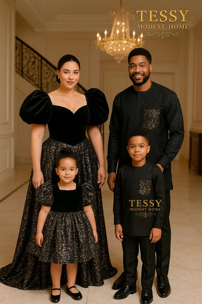 Timeless Noir Elegance | Black Velvet Family Outfit Set | Tessy Modest Home - Tessy Modest Home