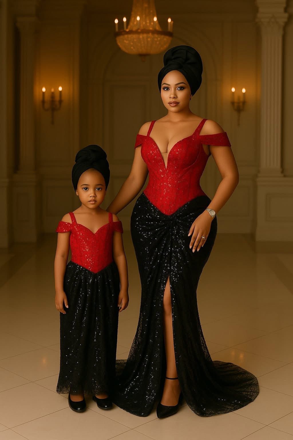 Velvet Noir | Red & Black Sequin Mother - Daughter Gown Set | Made - to - Order | Tessy Modest Home - Tessy Modest Home